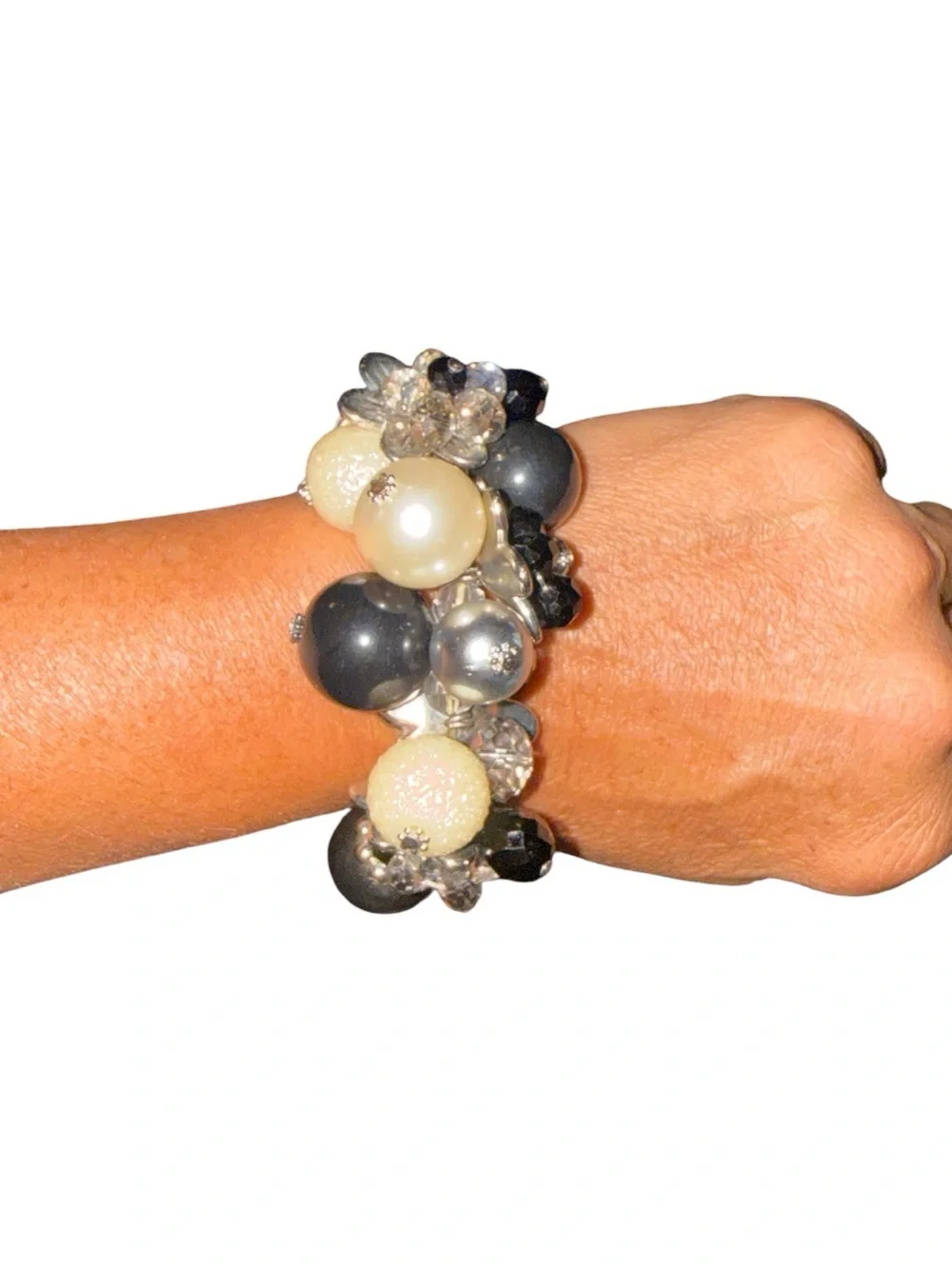 Boutique Chunky Black & Ivory Stretch Statement Bracelet Faux Pearl Crystal EUC